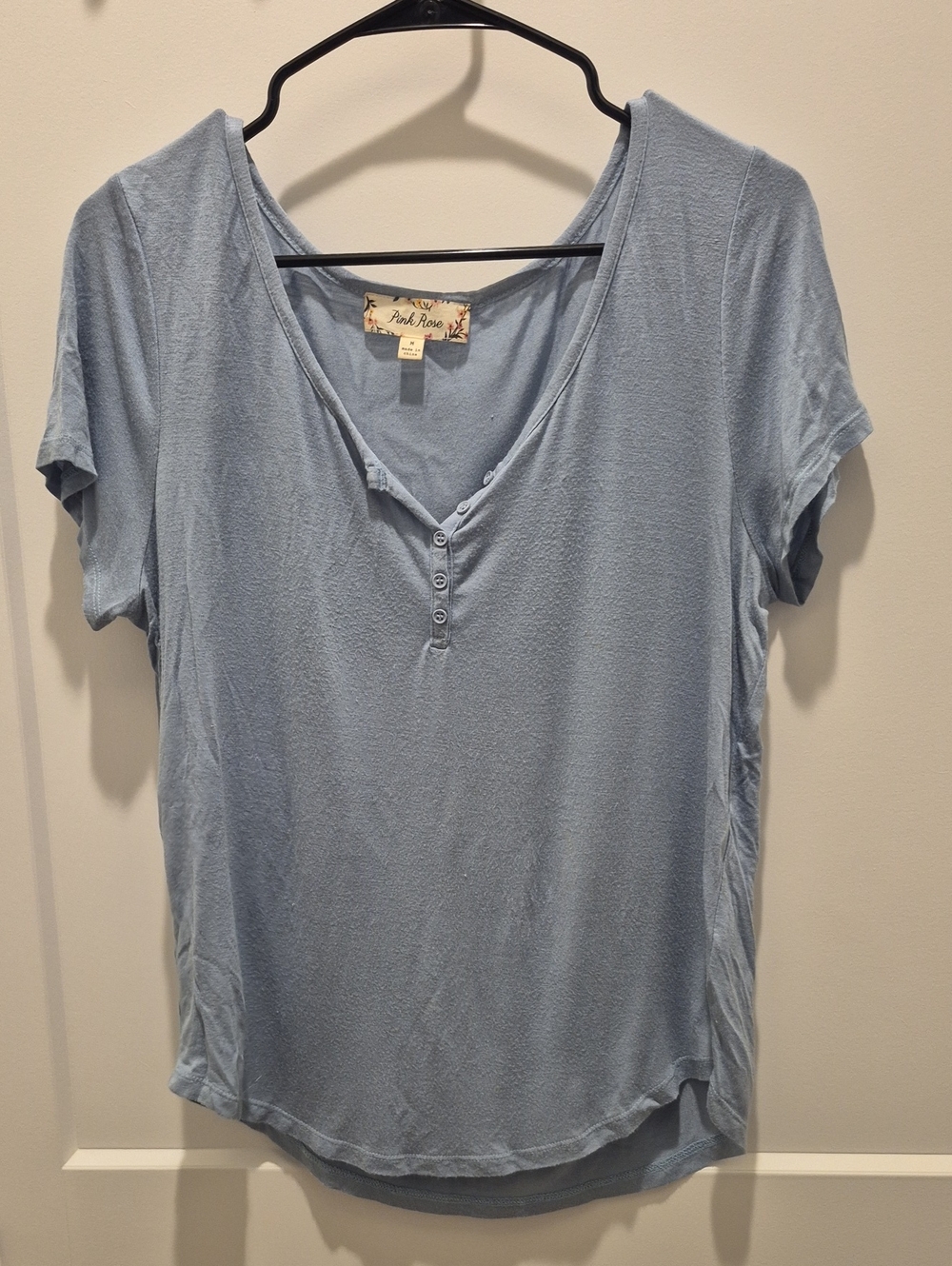 Pink Rose Light Blue Short Sleeve Henley Top